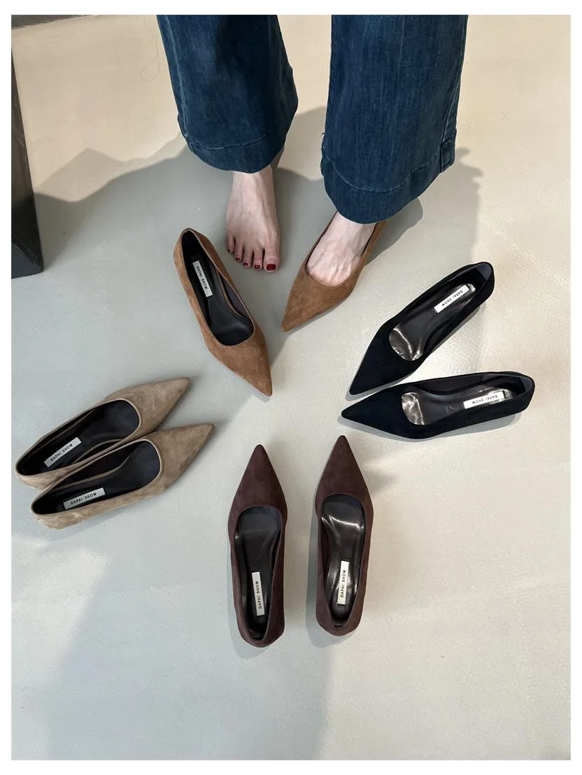 2026 Spring Shoes Women Thin Low Heels Pumps Fashion Suede Elegant Pointed Toe Shallow Pumps Office Dress Wedding Female Loafers
