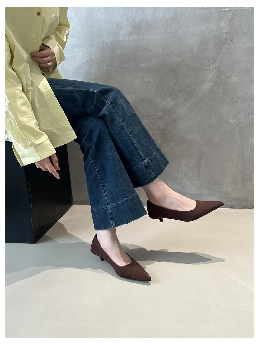 2026 Spring Shoes Women Thin Low Heels Pumps Fashion Suede Elegant Pointed Toe Shallow Pumps Office Dress Wedding Female Loafers