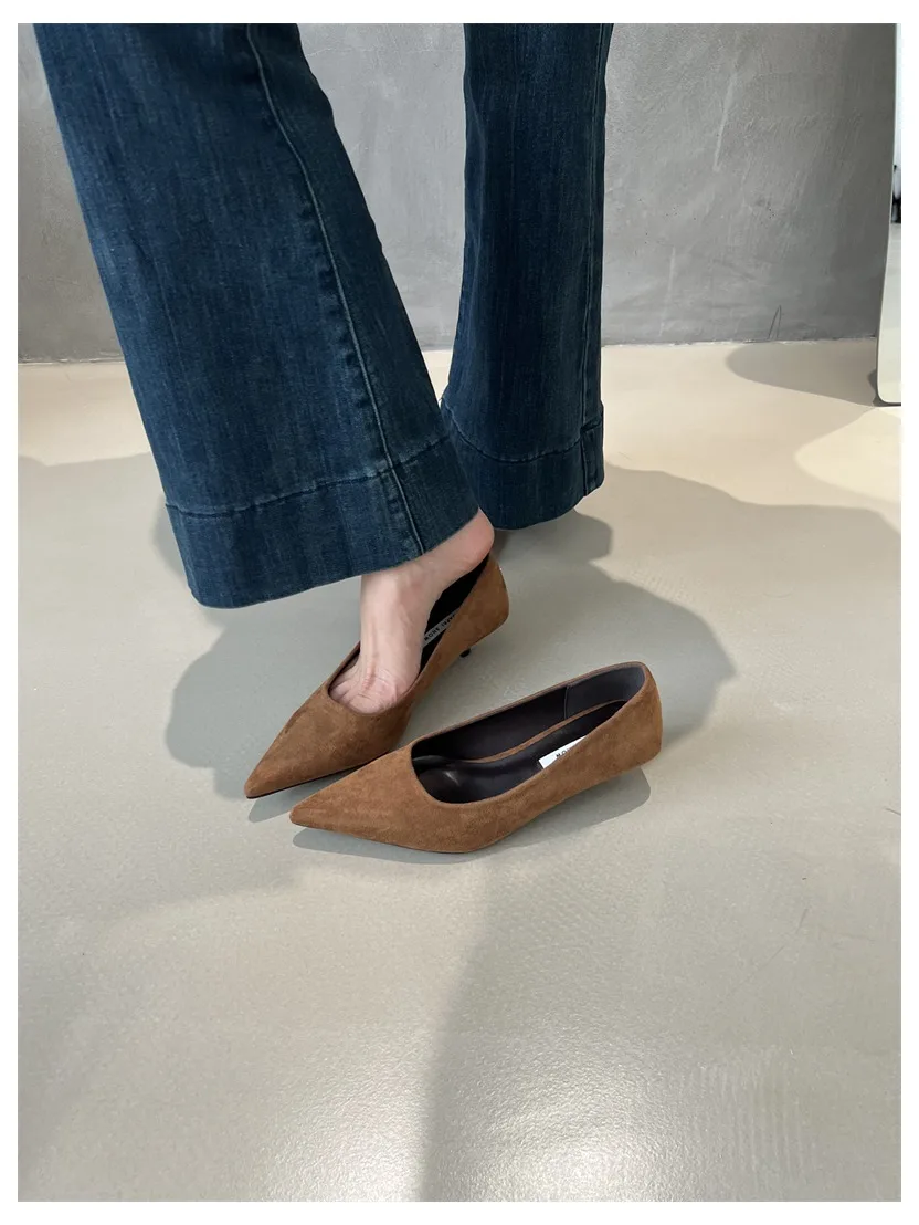 2026 Spring Shoes Women Thin Low Heels Pumps Fashion Suede Elegant Pointed Toe Shallow Pumps Office Dress Wedding Female Loafers