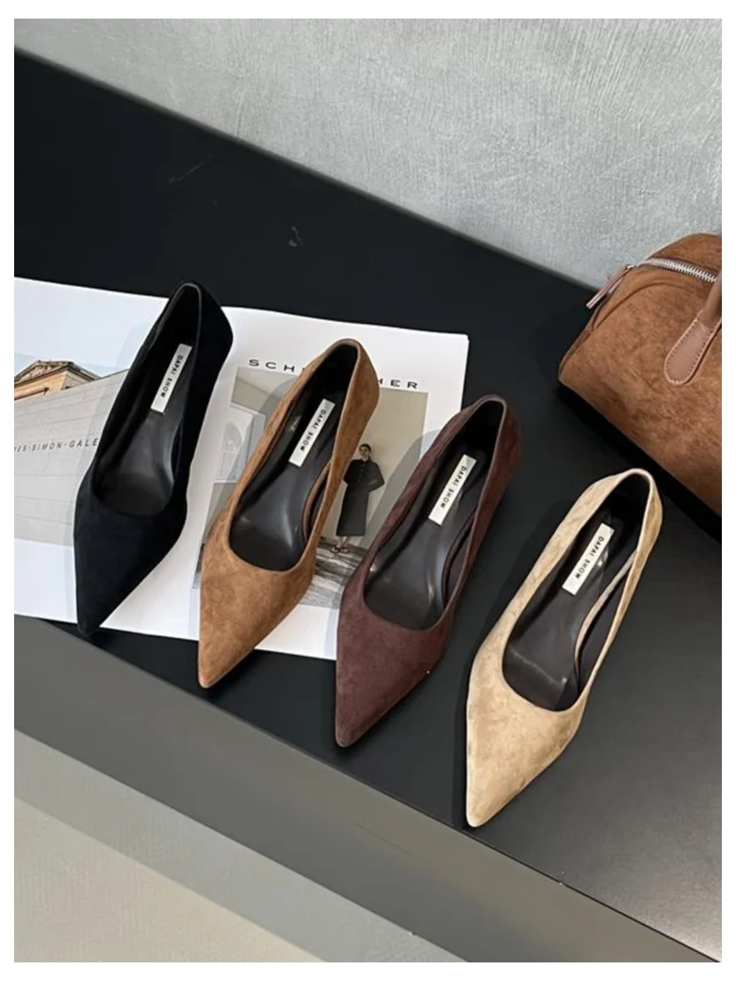 2026 Spring Shoes Women Thin Low Heels Pumps Fashion Suede Elegant Pointed Toe Shallow Pumps Office Dress Wedding Female Loafers