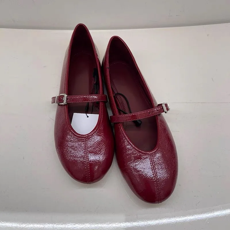 PU Leather Mary Jane Flats for Women Red Buckle Strap Shallow Casual Shoes Elegant Retro Spring Autumn Streetwear Loafers