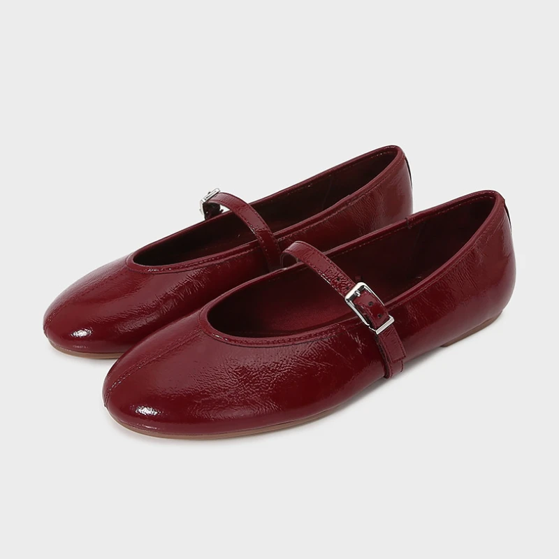 PU Leather Mary Jane Flats for Women Red Buckle Strap Shallow Casual Shoes Elegant Retro Spring Autumn Streetwear Loafers