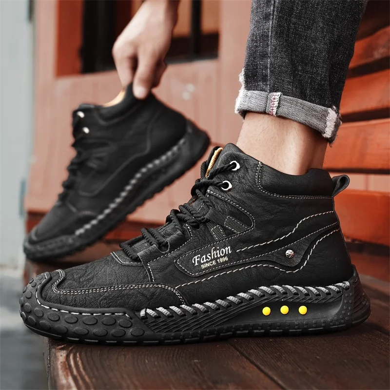 Men's Hand-Stitched Fashion Boots, Retro Lace-Up Mid-High Casual Shoes, Suitable for Spring and Autumn Daily Wear, Outdoor Hiking Boots, Comfortable Large-Size Men's Shoes