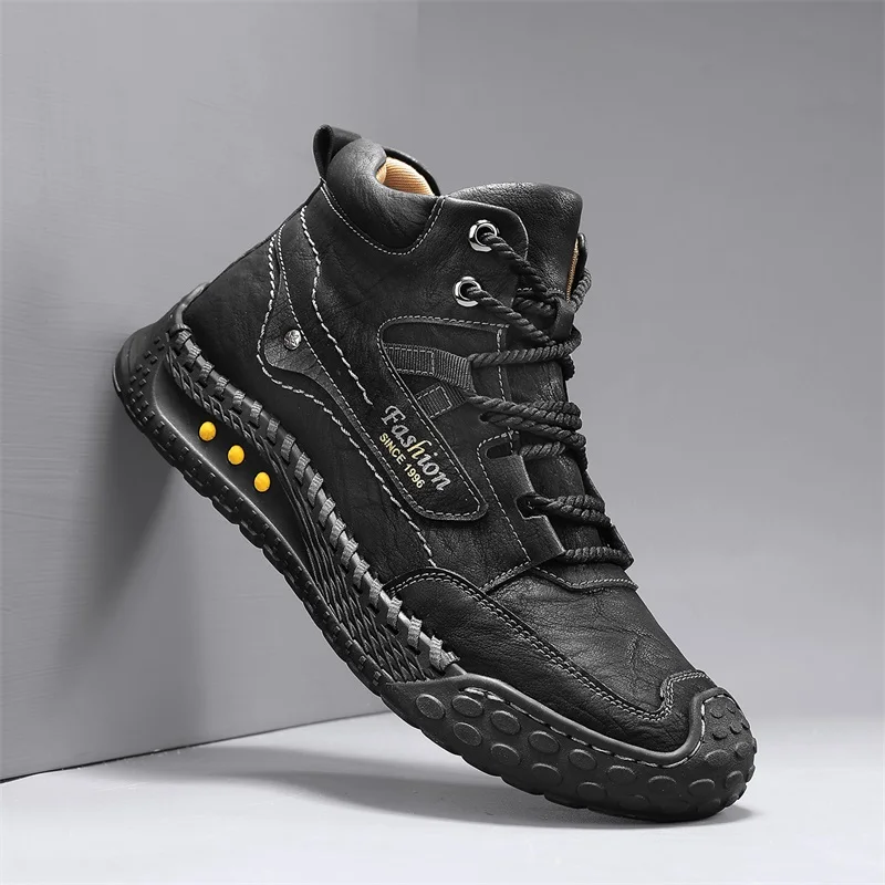 Men's Hand-Stitched Fashion Boots, Retro Lace-Up Mid-High Casual Shoes, Suitable for Spring and Autumn Daily Wear, Outdoor Hiking Boots, Comfortable Large-Size Men's Shoes