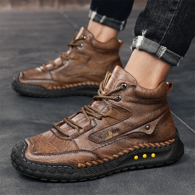 Men's Hand-Stitched Fashion Boots, Retro Lace-Up Mid-High Casual Shoes, Suitable for Spring and Autumn Daily Wear, Outdoor Hiking Boots, Comfortable Large-Size Men's Shoes