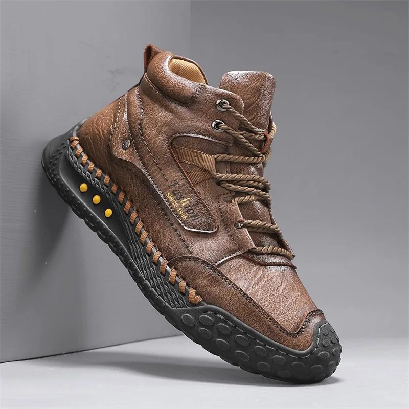 Men's Hand-Stitched Fashion Boots, Retro Lace-Up Mid-High Casual Shoes, Suitable for Spring and Autumn Daily Wear, Outdoor Hiking Boots, Comfortable Large-Size Men's Shoes