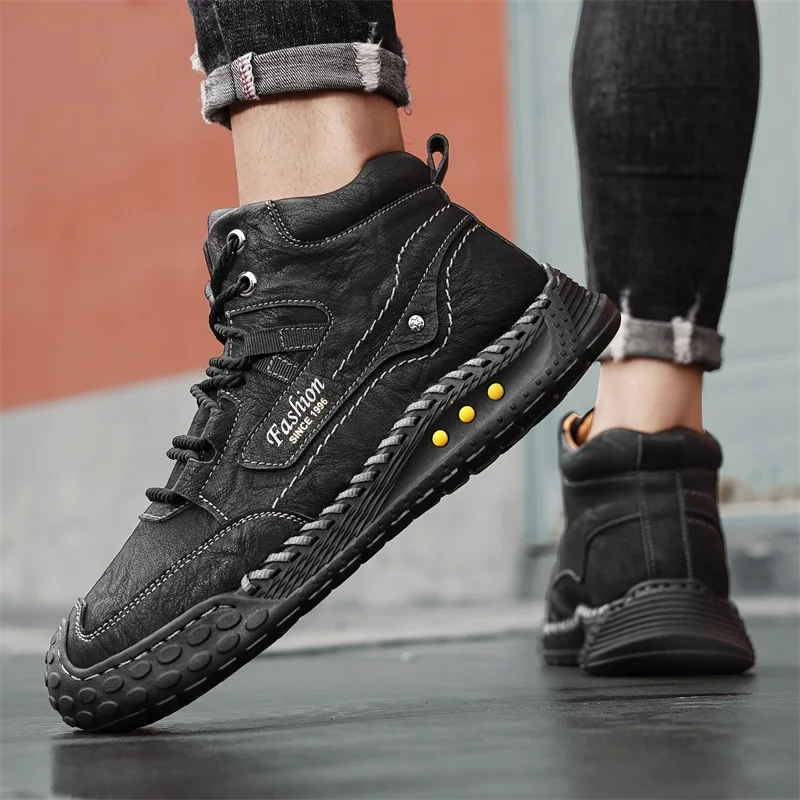 Men's Hand-Stitched Fashion Boots, Retro Lace-Up Mid-High Casual Shoes, Suitable for Spring and Autumn Daily Wear, Outdoor Hiking Boots, Comfortable Large-Size Men's Shoes