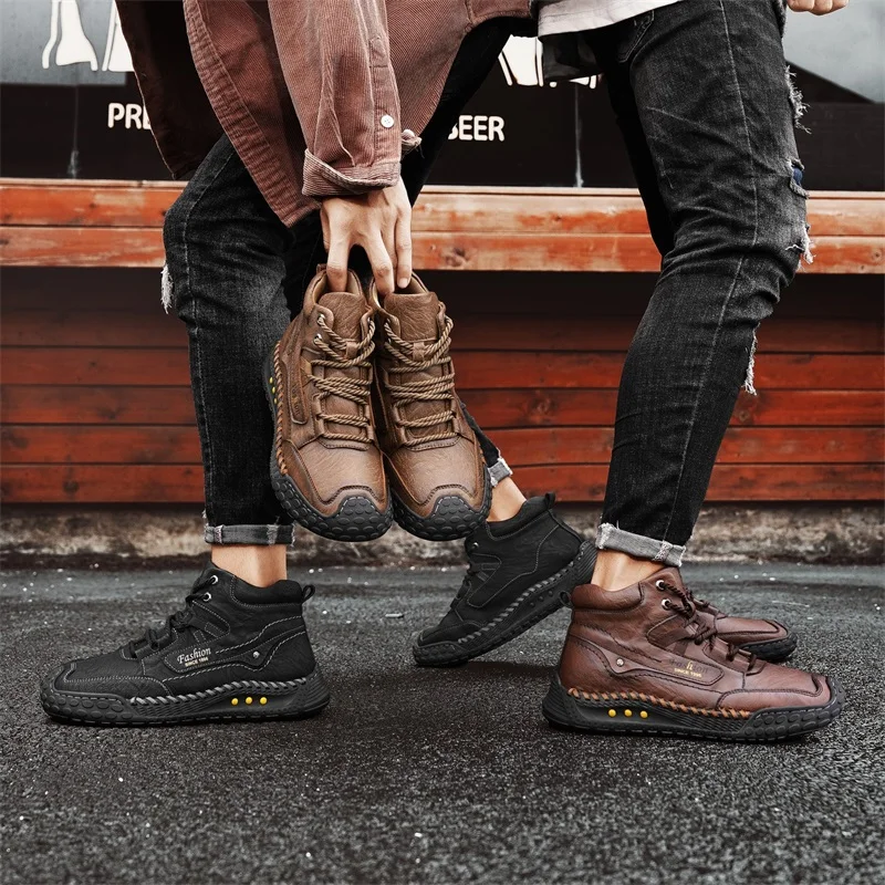 Men's Hand-Stitched Fashion Boots, Retro Lace-Up Mid-High Casual Shoes, Suitable for Spring and Autumn Daily Wear, Outdoor Hiking Boots, Comfortable Large-Size Men's Shoes