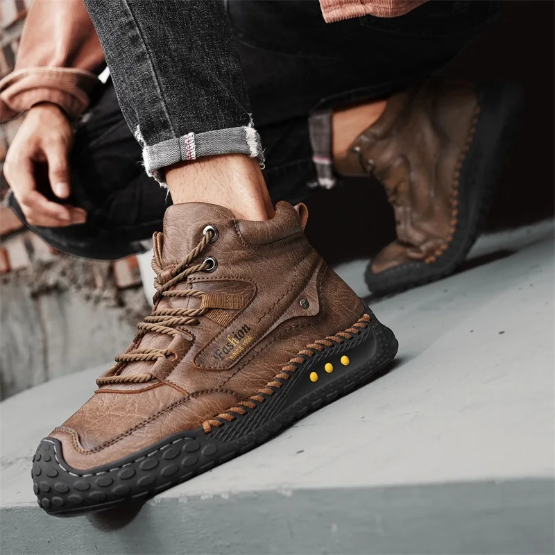 Men's Hand-Stitched Fashion Boots, Retro Lace-Up Mid-High Casual Shoes, Suitable for Spring and Autumn Daily Wear, Outdoor Hiking Boots, Comfortable Large-Size Men's Shoes