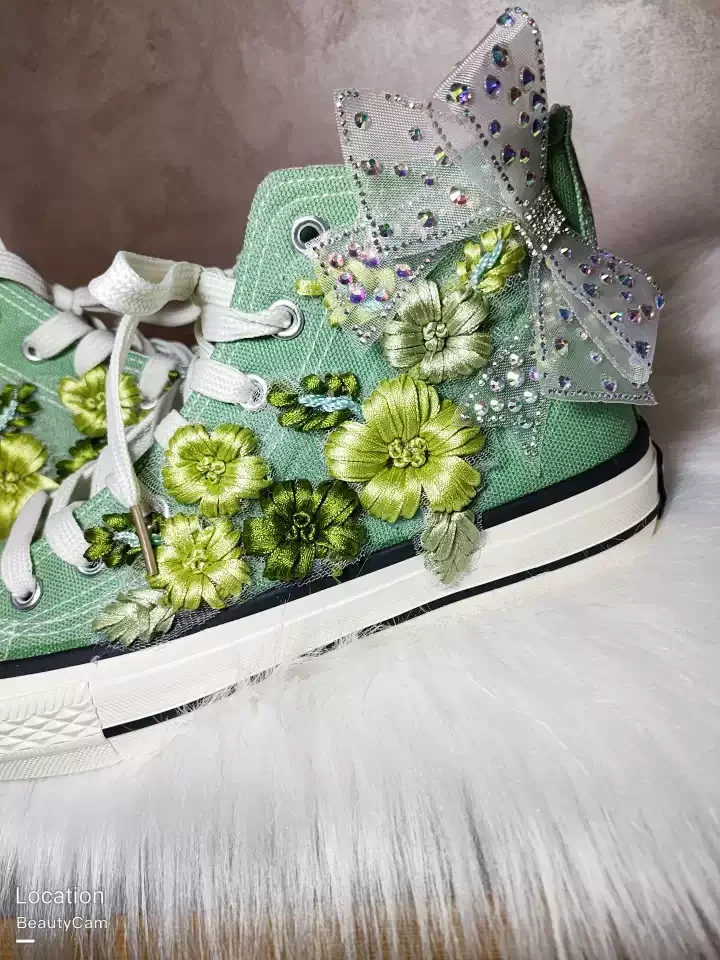 Girl's High-top Canvas Shoes Women Green Bow Embroidery Flower Candy Color Canvas Handmade Fashion Casual Shoe Big Size 43 44