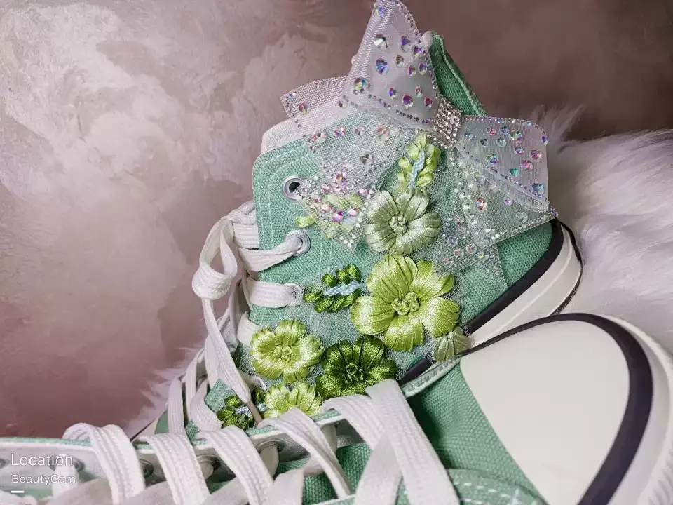 Girl's High-top Canvas Shoes Women Green Bow Embroidery Flower Candy Color Canvas Handmade Fashion Casual Shoe Big Size 43 44
