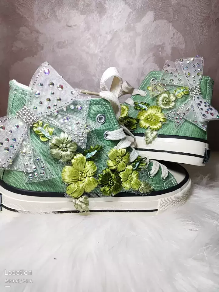 Girl's High-top Canvas Shoes Women Green Bow Embroidery Flower Candy Color Canvas Handmade Fashion Casual Shoe Big Size 43 44