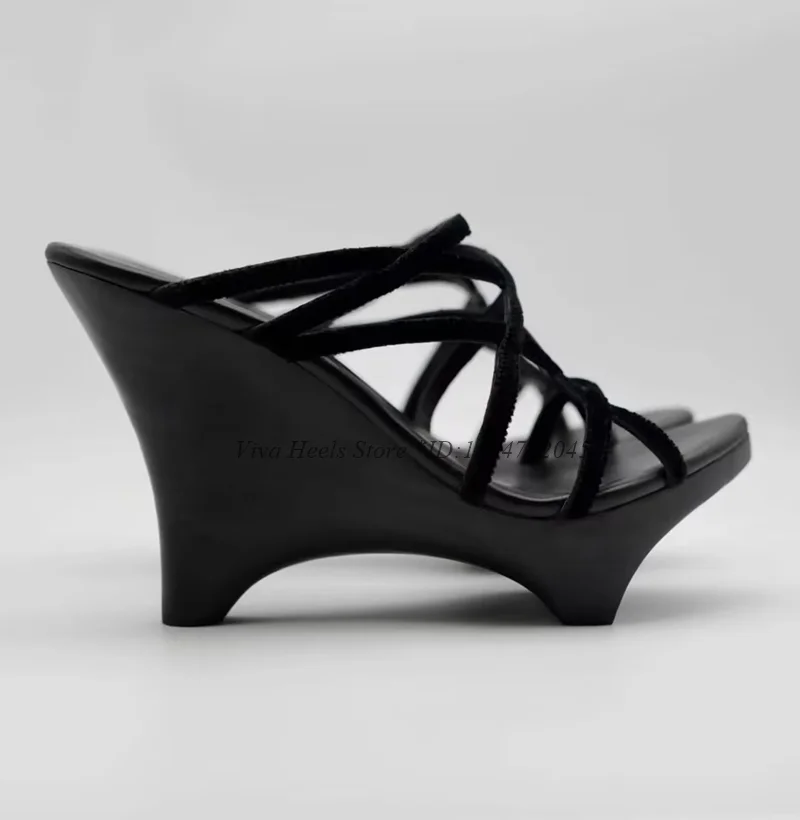 Vintage Strange Style Velvet Wedges Sandals Women's Summer Sexy Black/Wine Red High Heels Clog Mules Luxury Designer Party Shoes