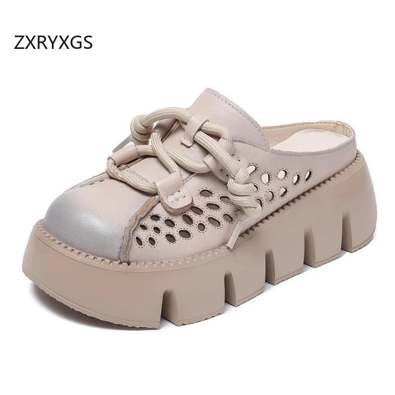 ZXRYXGS 2025 Summer Premium Genuine Leather Hollow Round Toe Outside Slipper Women Sandals Platform Height Increase Slippers