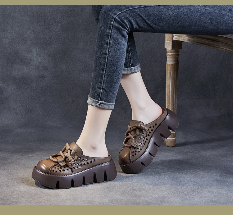 ZXRYXGS 2025 Summer Premium Genuine Leather Hollow Round Toe Outside Slipper Women Sandals Platform Height Increase Slippers