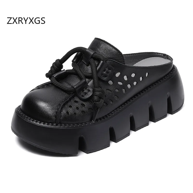 ZXRYXGS 2025 Summer Premium Genuine Leather Hollow Round Toe Outside Slipper Women Sandals Platform Height Increase Slippers