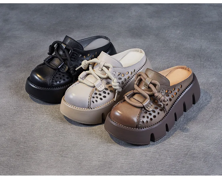 ZXRYXGS 2025 Summer Premium Genuine Leather Hollow Round Toe Outside Slipper Women Sandals Platform Height Increase Slippers