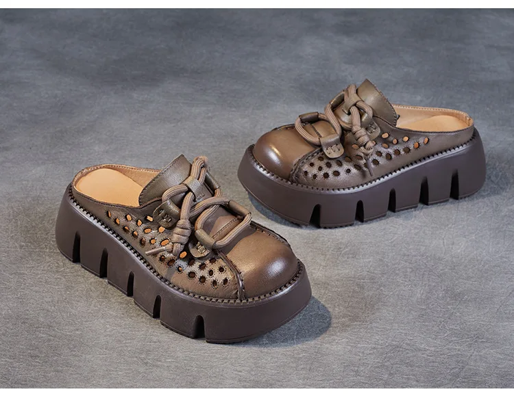 ZXRYXGS 2025 Summer Premium Genuine Leather Hollow Round Toe Outside Slipper Women Sandals Platform Height Increase Slippers