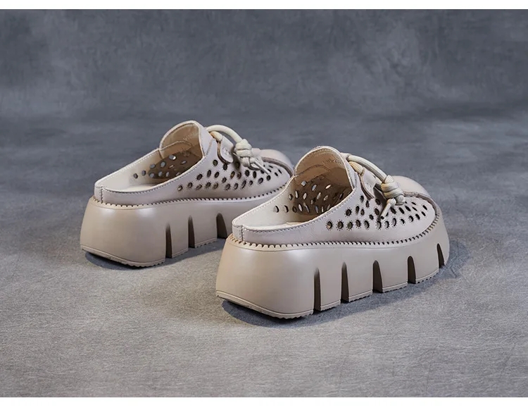 ZXRYXGS 2025 Summer Premium Genuine Leather Hollow Round Toe Outside Slipper Women Sandals Platform Height Increase Slippers