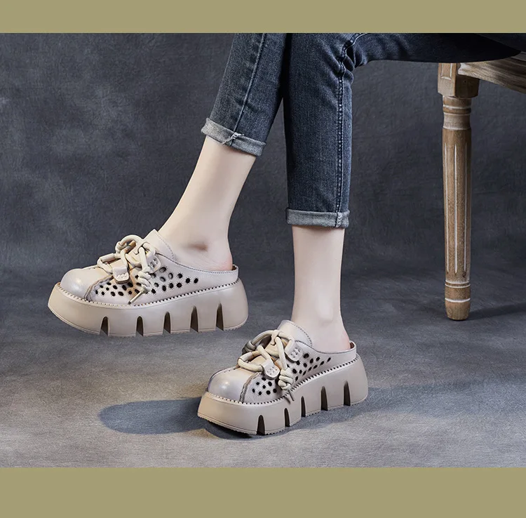 ZXRYXGS 2025 Summer Premium Genuine Leather Hollow Round Toe Outside Slipper Women Sandals Platform Height Increase Slippers
