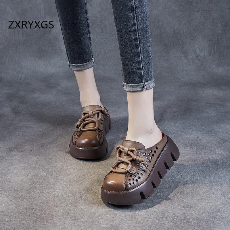 ZXRYXGS 2025 Summer Premium Genuine Leather Hollow Round Toe Outside Slipper Women Sandals Platform Height Increase Slippers