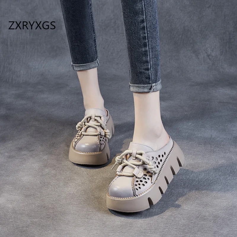 ZXRYXGS 2025 Summer Premium Genuine Leather Hollow Round Toe Outside Slipper Women Sandals Platform Height Increase Slippers