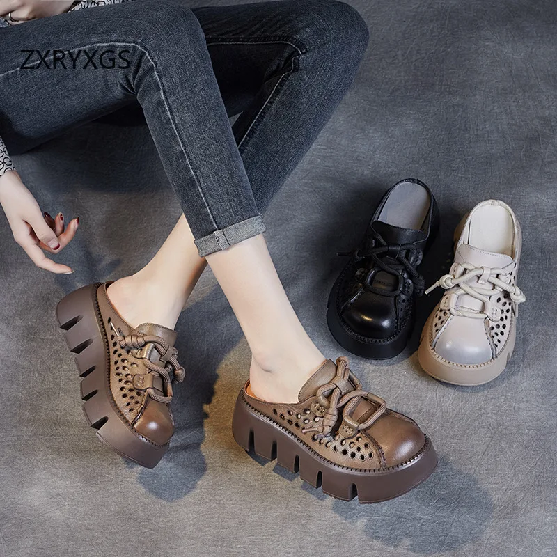 ZXRYXGS 2025 Summer Premium Genuine Leather Hollow Round Toe Outside Slipper Women Sandals Platform Height Increase Slippers