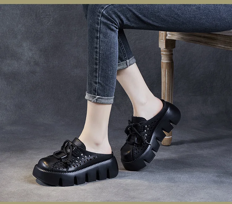 ZXRYXGS 2025 Summer Premium Genuine Leather Hollow Round Toe Outside Slipper Women Sandals Platform Height Increase Slippers