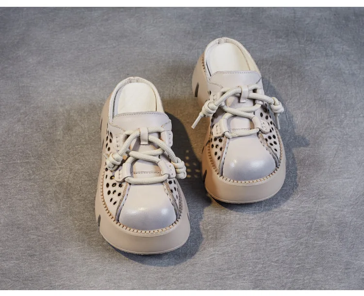 ZXRYXGS 2025 Summer Premium Genuine Leather Hollow Round Toe Outside Slipper Women Sandals Platform Height Increase Slippers