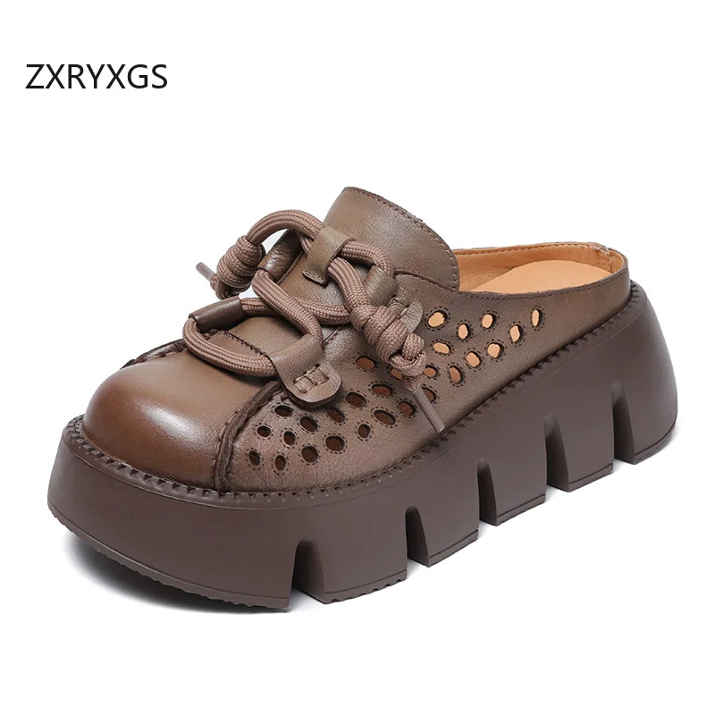 ZXRYXGS 2025 Summer Premium Genuine Leather Hollow Round Toe Outside Slipper Women Sandals Platform Height Increase Slippers
