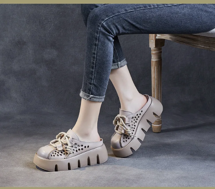 ZXRYXGS 2025 Summer Premium Genuine Leather Hollow Round Toe Outside Slipper Women Sandals Platform Height Increase Slippers