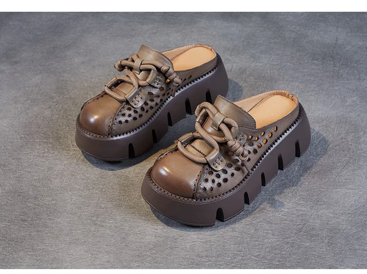 ZXRYXGS 2025 Summer Premium Genuine Leather Hollow Round Toe Outside Slipper Women Sandals Platform Height Increase Slippers
