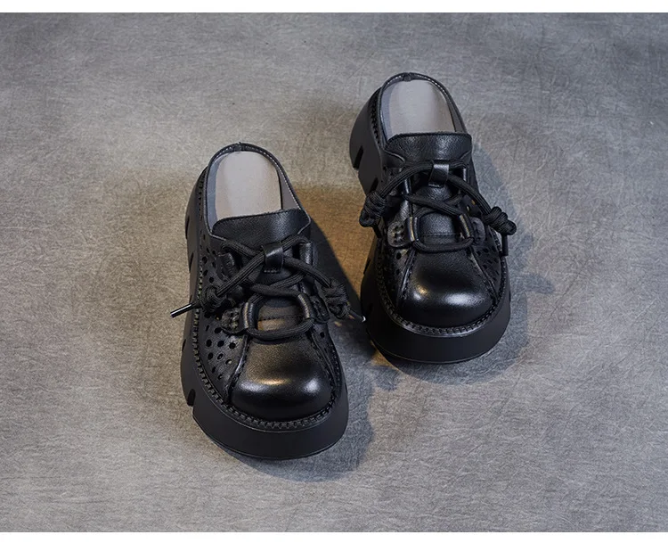 ZXRYXGS 2025 Summer Premium Genuine Leather Hollow Round Toe Outside Slipper Women Sandals Platform Height Increase Slippers