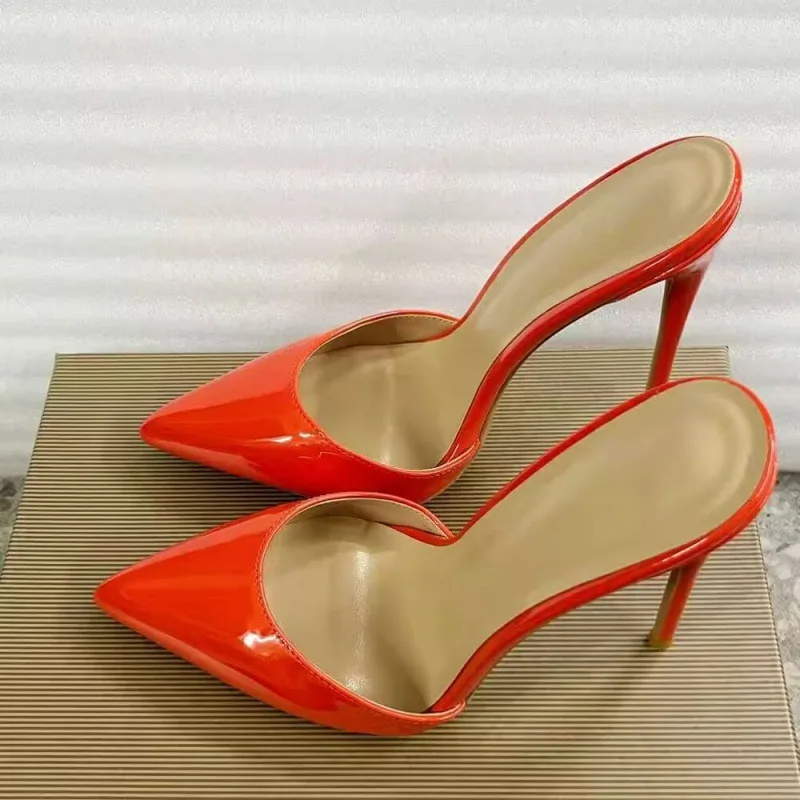New sexy patent leather high-heeled pointed shallow mouth single shoe with patent leather toe cap, half drag size 33-46
