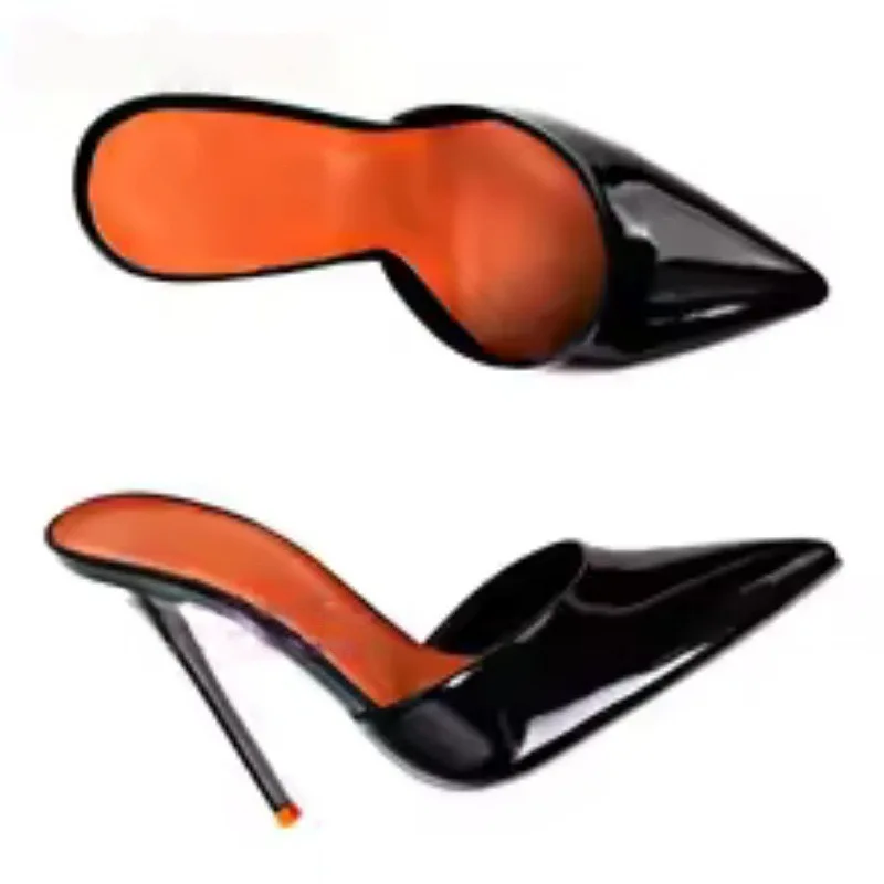 New sexy patent leather high-heeled pointed shallow mouth single shoe with patent leather toe cap, half drag size 33-46