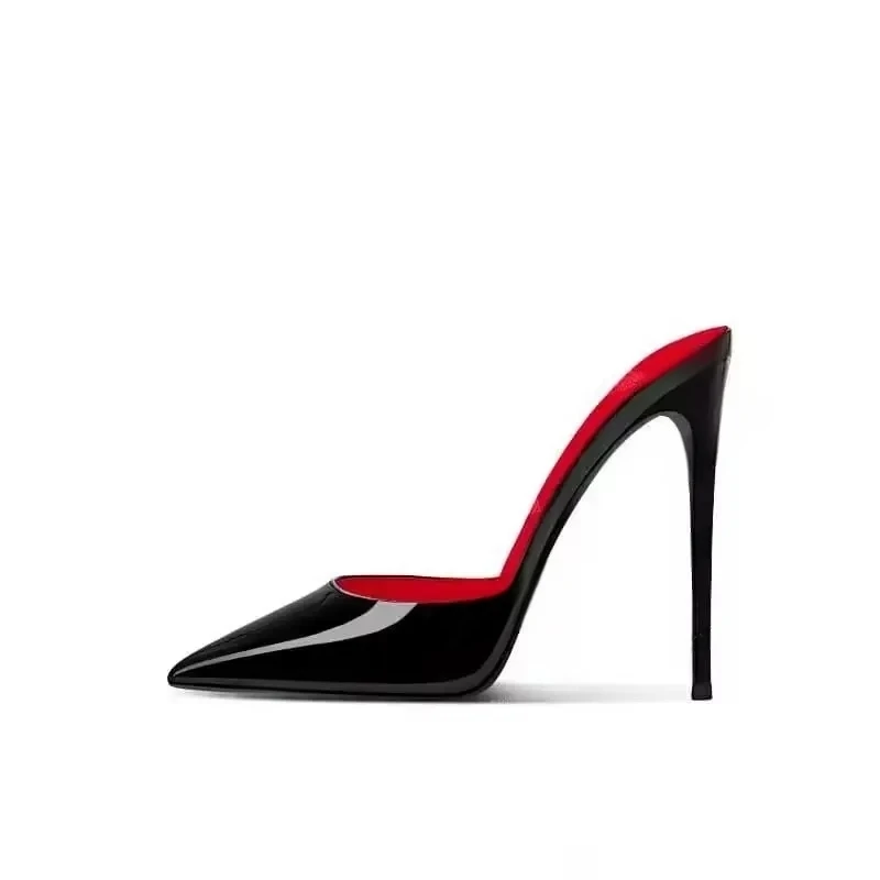New sexy patent leather high-heeled pointed shallow mouth single shoe with patent leather toe cap, half drag size 33-46