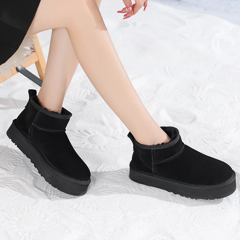 SmallHut Trend 2026 Winter Natural Cow Suede Punk Women Snow Boots Slip-On Ladies Antelope-Brown Black Platform Round Toe Boots