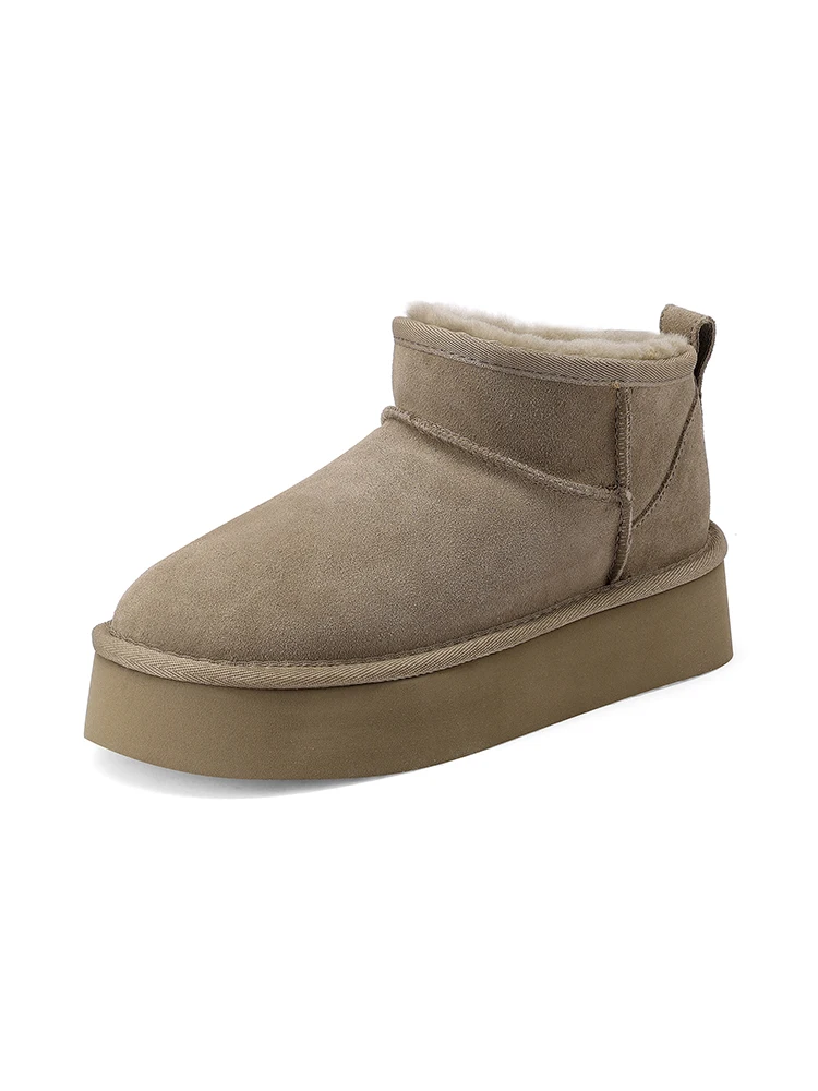 SmallHut Trend 2026 Winter Natural Cow Suede Punk Women Snow Boots Slip-On Ladies Antelope-Brown Black Platform Round Toe Boots