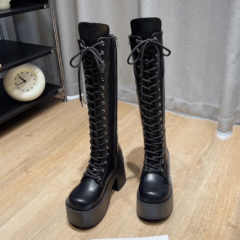 Womens Knee Length Boots Fashion Thick-soled Casual Boots High Quality Leather Boot Lace Up Platform Boots for Women Botas Mujer