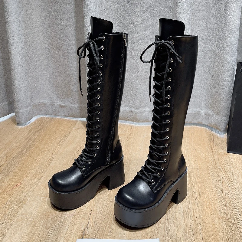 Womens Knee Length Boots Fashion Thick-soled Casual Boots High Quality Leather Boot Lace Up Platform Boots for Women Botas Mujer