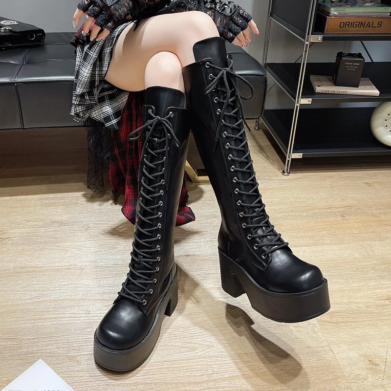 Womens Knee Length Boots Fashion Thick-soled Casual Boots High Quality Leather Boot Lace Up Platform Boots for Women Botas Mujer