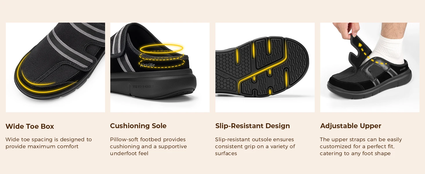 Fitville Wide Toe Men's Diabetic Sandals Soft Breathable Slippers Fashion Walking Shoes Slip On Clog Flips Flops For Fasciitic