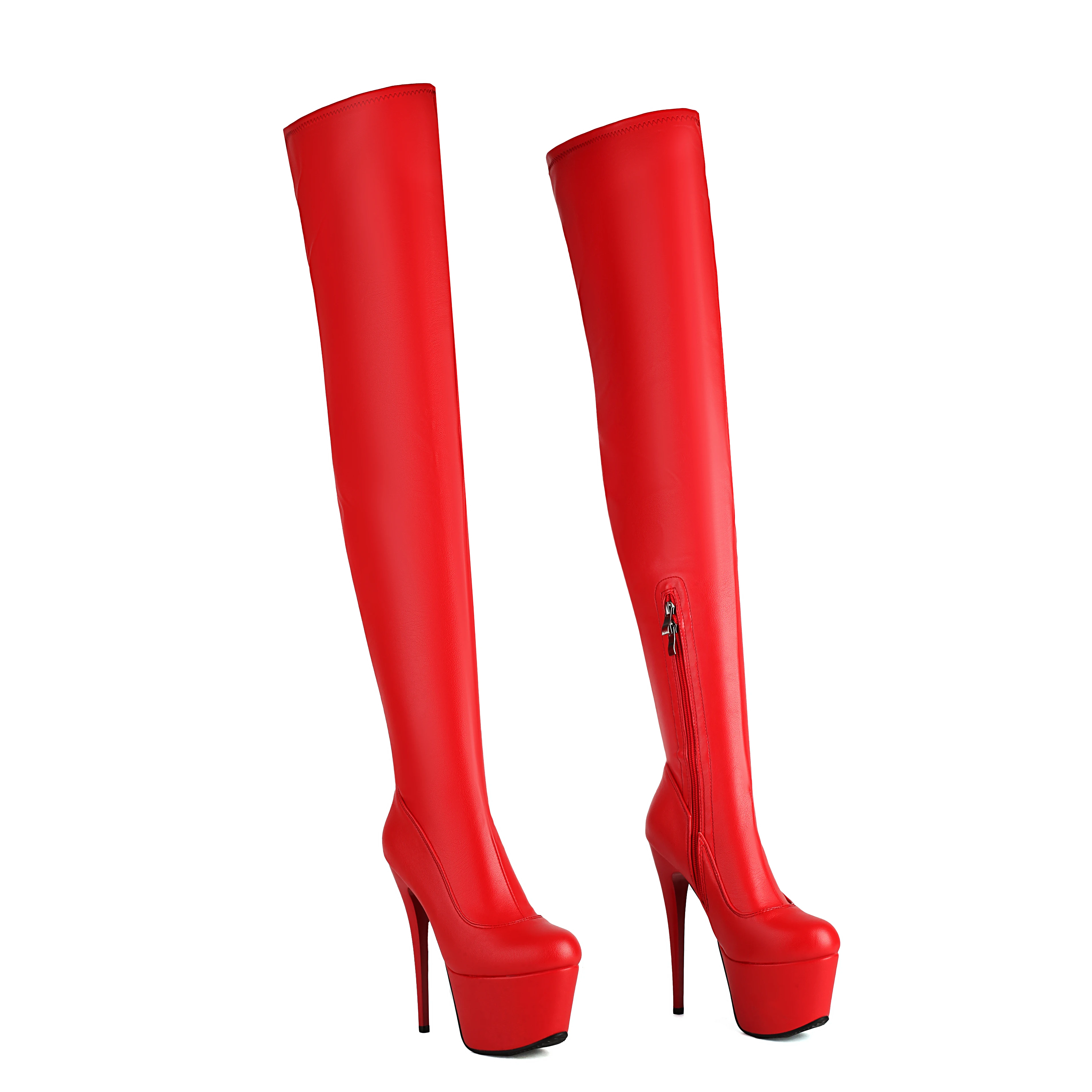 Women Red Ultra High Heel Platform Thigh High Boots, Over-the-Knee Stiletto Pole Dance Shoes with Side Zipper