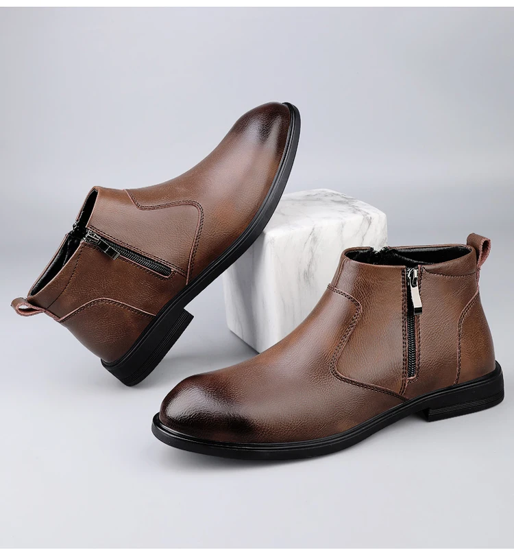 CLOHOO Handmade Men's Boots Business Casual Cowhide High-Top Chelsea Boots Zipper Men's Shoes Leather Ankle Boots