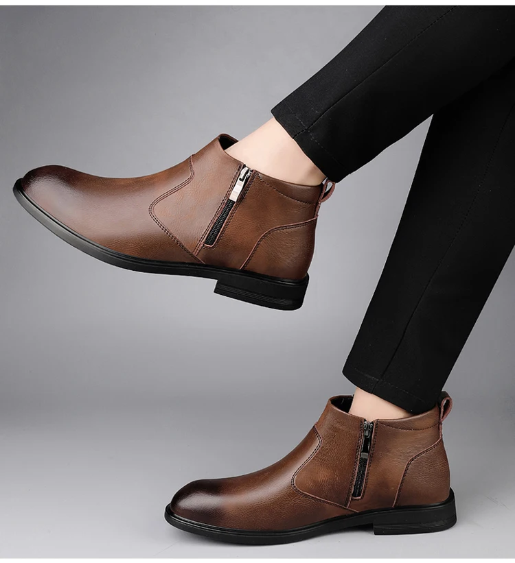 CLOHOO Handmade Men's Boots Business Casual Cowhide High-Top Chelsea Boots Zipper Men's Shoes Leather Ankle Boots