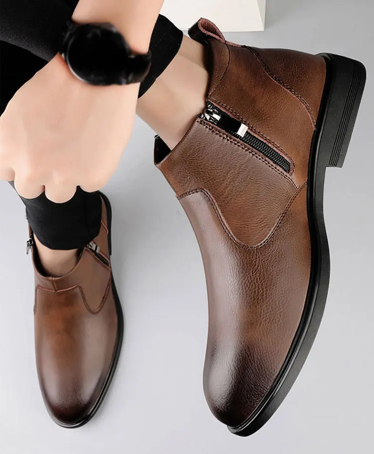 CLOHOO Handmade Men's Boots Business Casual Cowhide High-Top Chelsea Boots Zipper Men's Shoes Leather Ankle Boots
