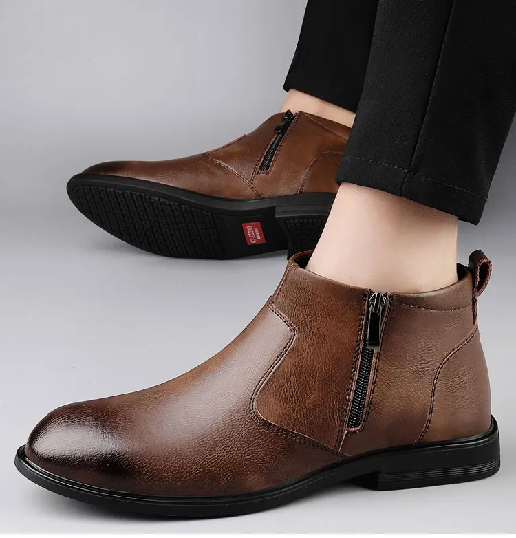 CLOHOO Handmade Men's Boots Business Casual Cowhide High-Top Chelsea Boots Zipper Men's Shoes Leather Ankle Boots