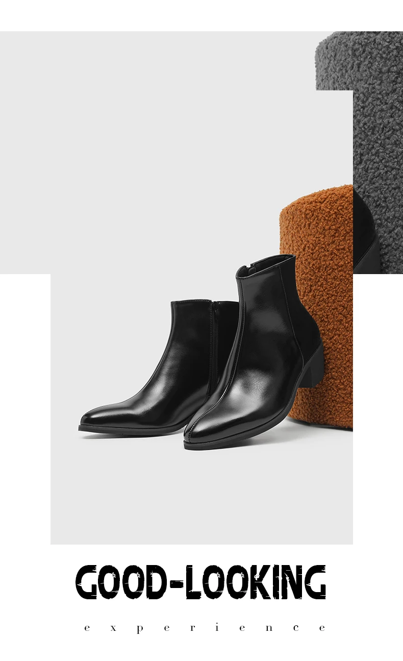Men's Pointed Toe Chelsea Boots Black Brown Leather Ankle Boots Side Zipper Block Heel Dress Shoes Business Formal Footwear 2026