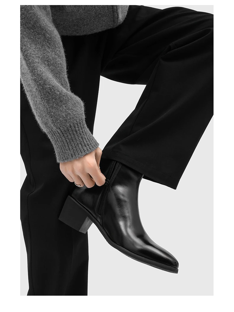 Men's Pointed Toe Chelsea Boots Black Brown Leather Ankle Boots Side Zipper Block Heel Dress Shoes Business Formal Footwear 2026