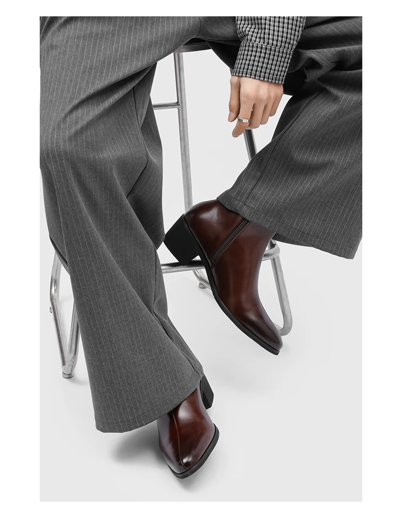 Men's Pointed Toe Chelsea Boots Black Brown Leather Ankle Boots Side Zipper Block Heel Dress Shoes Business Formal Footwear 2026